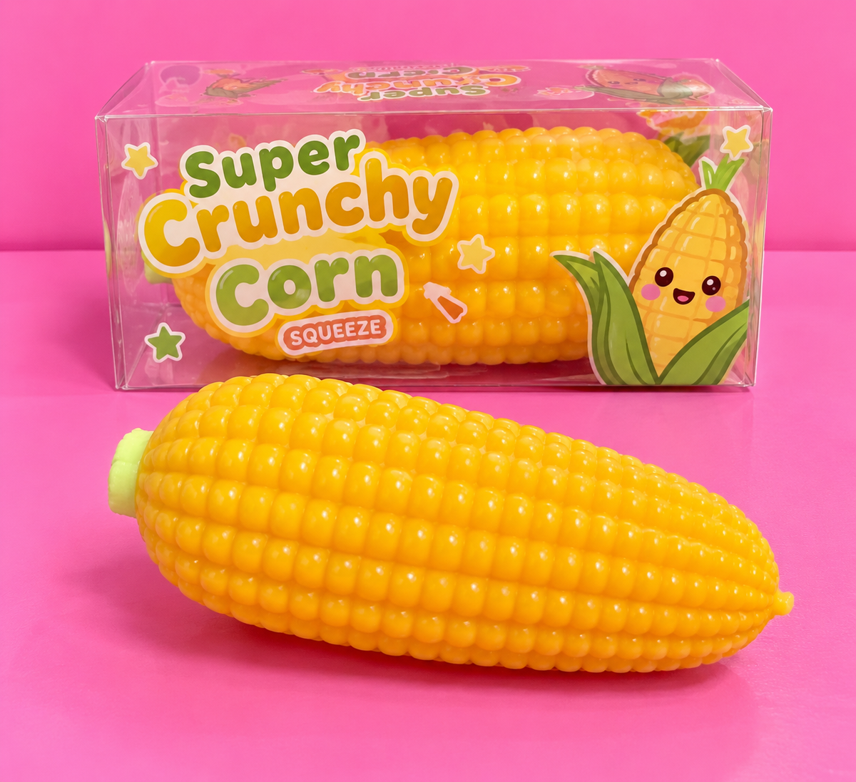 Super Crunchy Corn on pink background