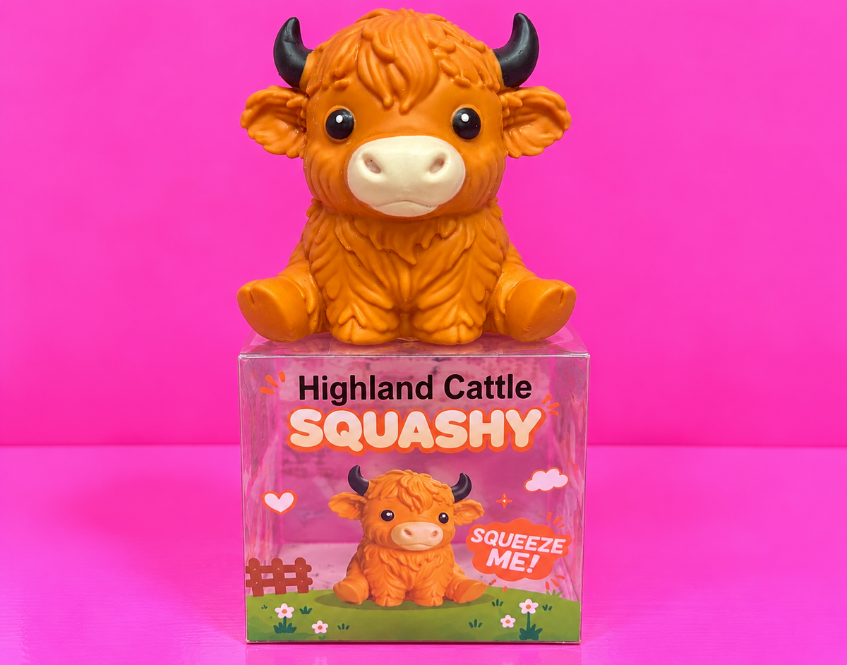 Jumbo Highland Cow Squishy on box with pink background