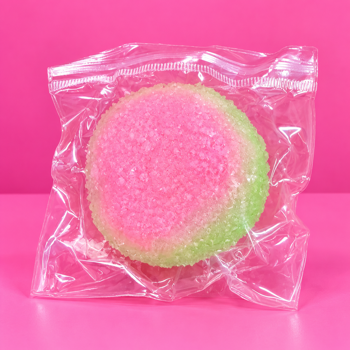Pastel Rainbow Sugar Slushy in clear packaging on pink background and tabletop